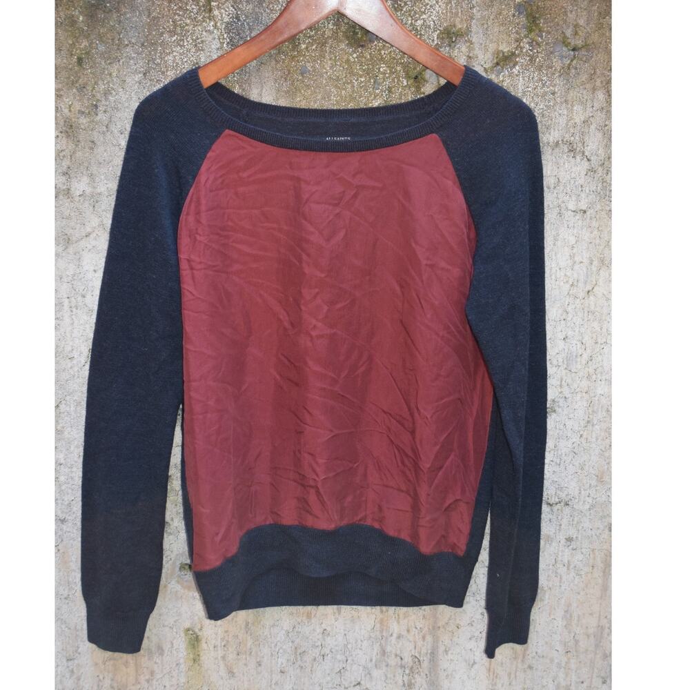 AllSaints Kayo Jumper Silk & Merino Wool Sweater Navy/Burgundy Size UK 10 / US 6